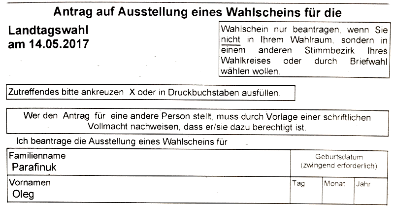 Landtagswahl nrw, Wahlschein für die Briefwahl (Antrag)