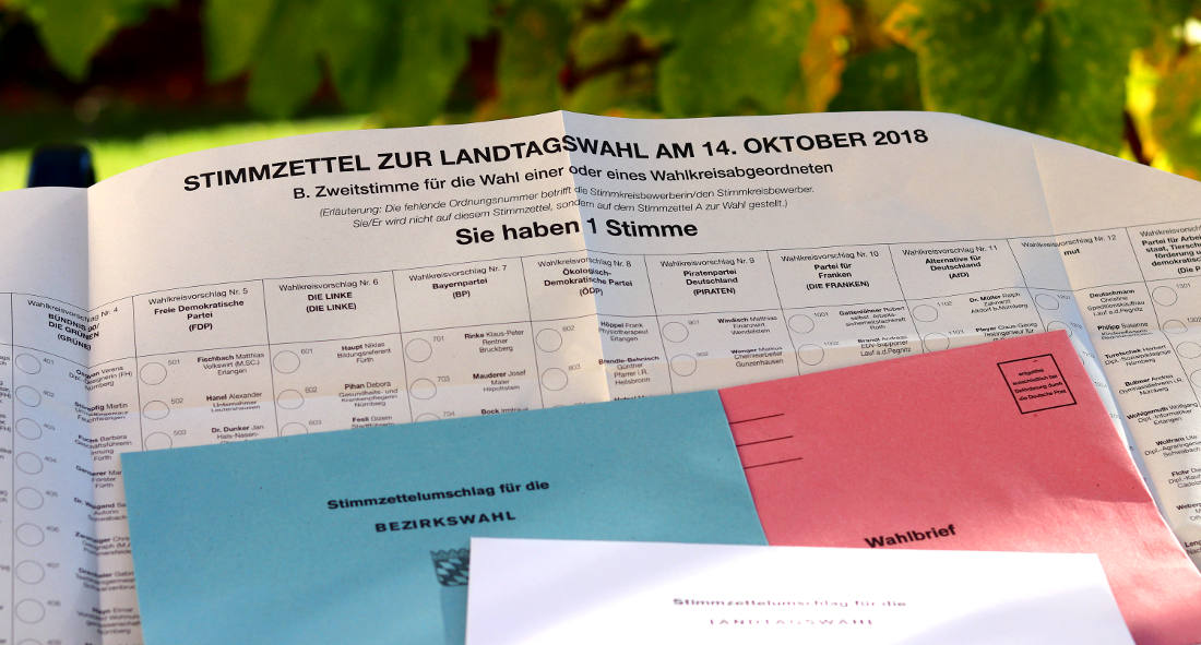 Wahlunterlagen für die Landtagswahl und Bezirktagswahl in Bayern (Breifwahl, Stimmzettel und Wahlumschläge)
