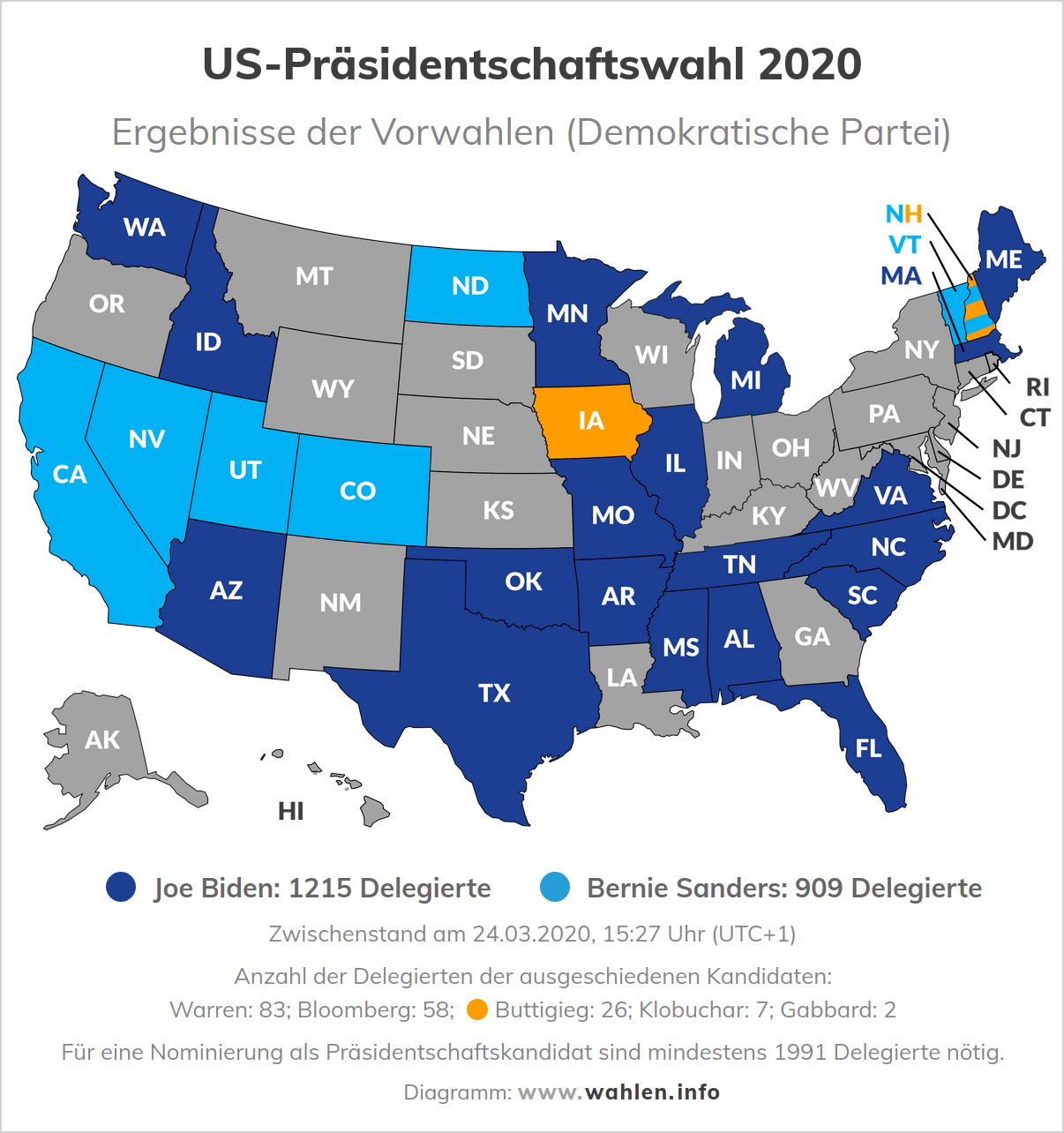 Präsidentschaftswahl in den USA - Ergebnisse der Vorwahlen der Demokraten (Karte)