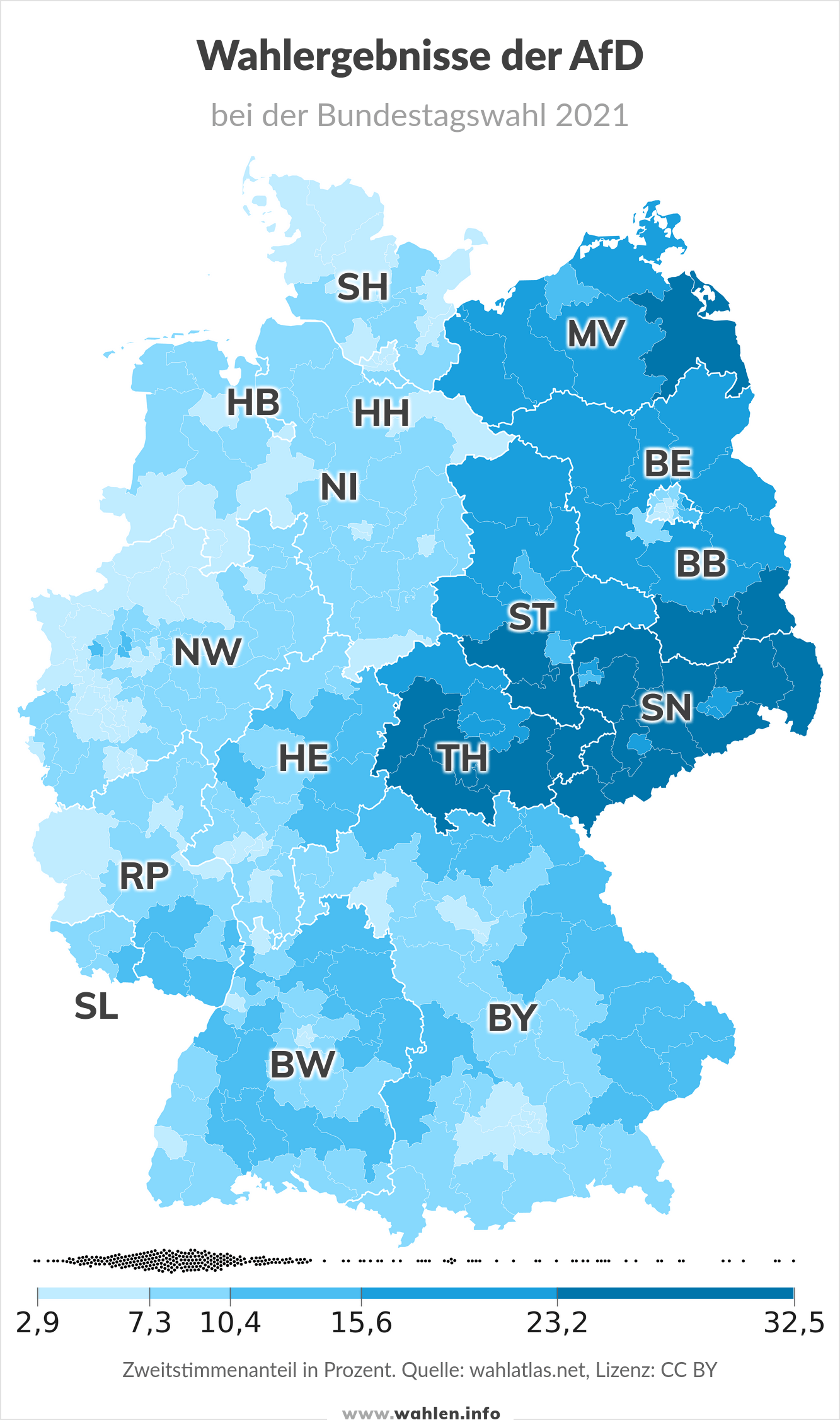 Bundestagswahl 2025 - Ergebnis der AfD bei der Bundestagswahl 2021 (Karte der Bundesländer) Quelle: wahlatlas.net