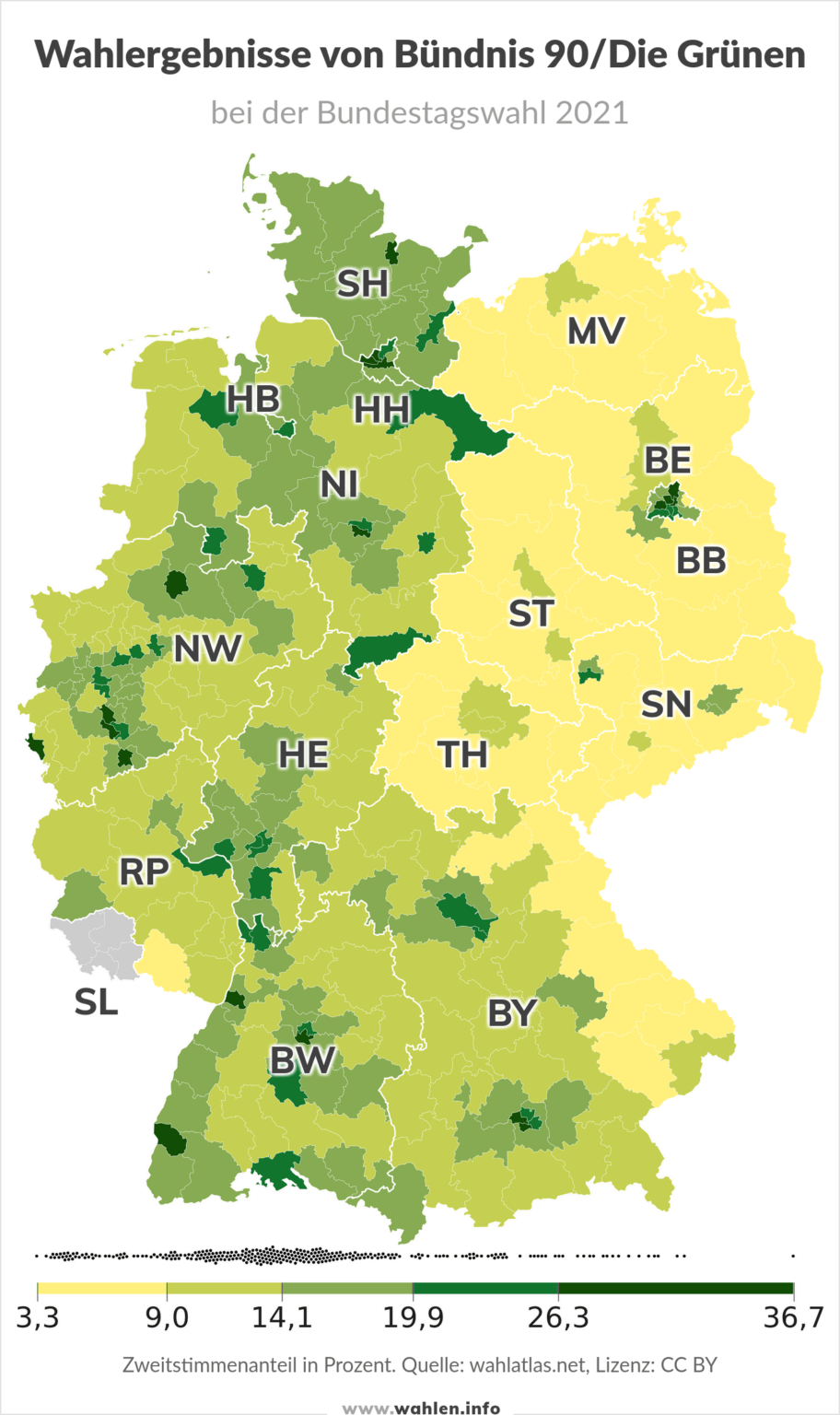 Bundestagswahl 2025 - Wahlergebnisse der Grünen bei der Bundestagswahl 2021 (Karte) Quelle: wahlatlas.net