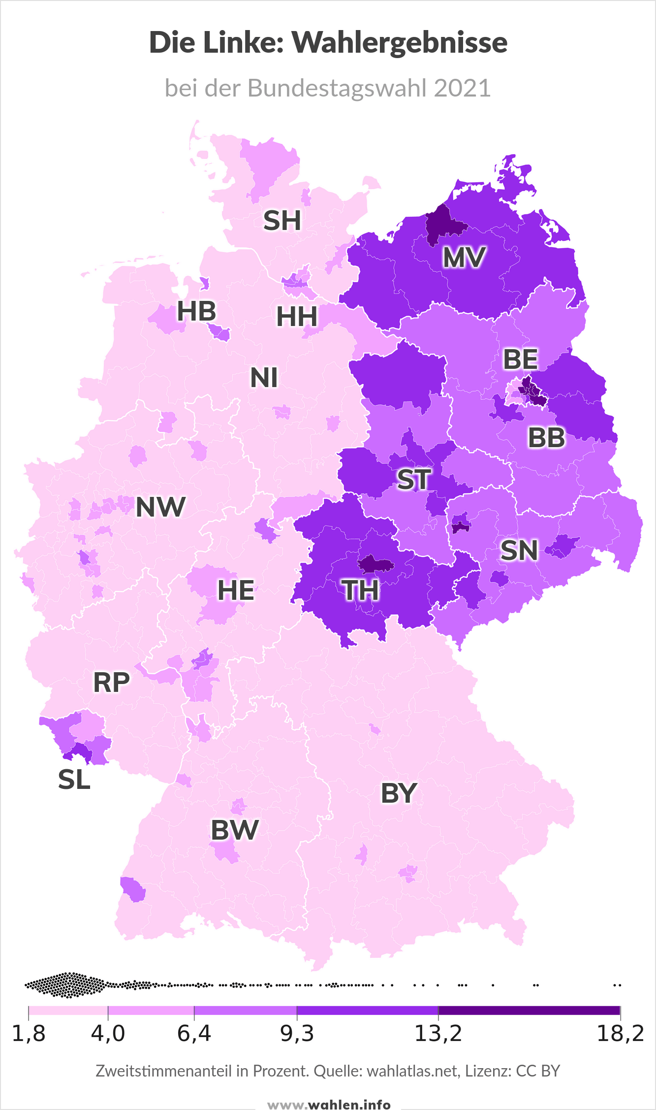 Bundestagswahl 2025 - Die Linke, Wahlergebnis bei der Bundestagswahl 2021 (Karte)
