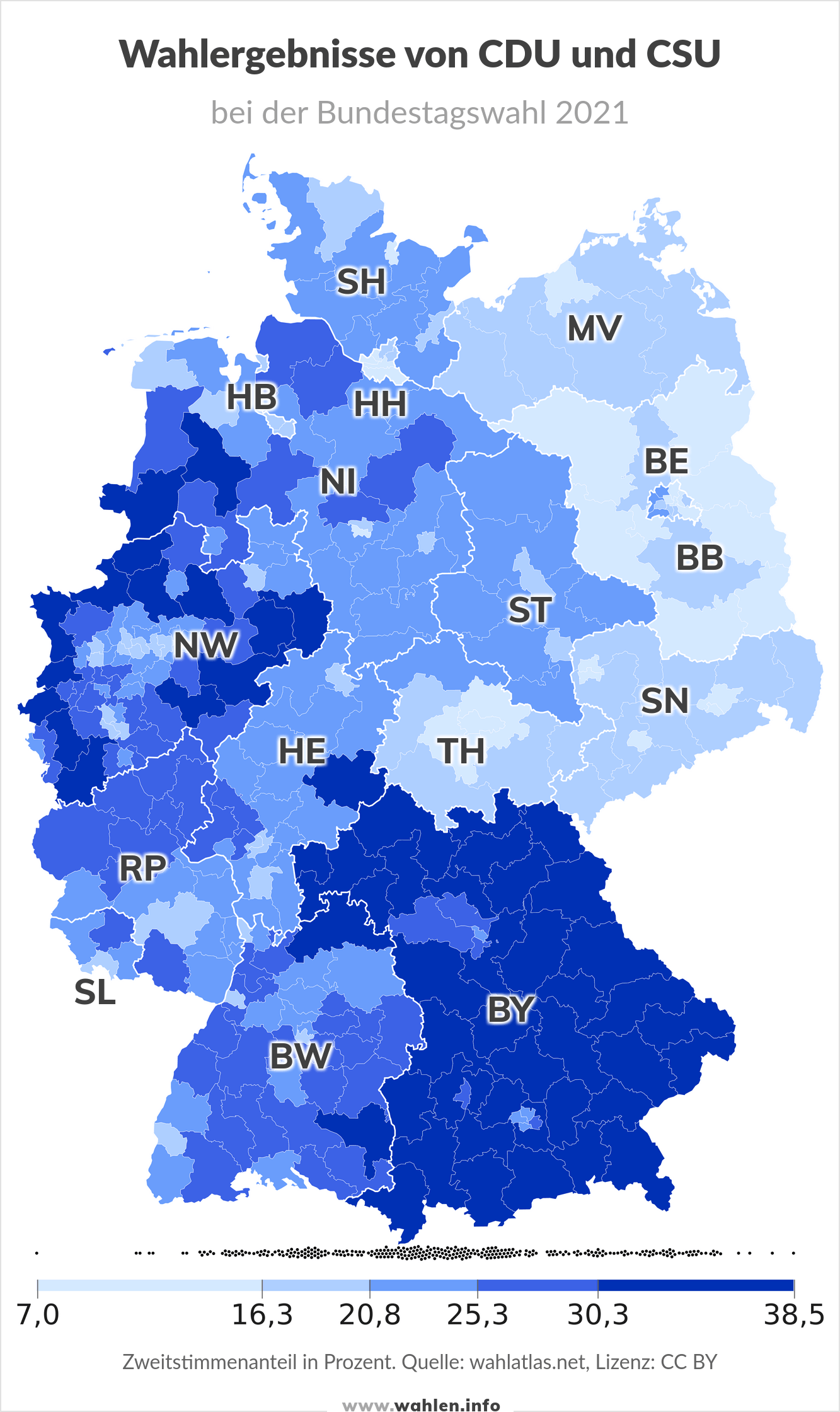 Bundestagswahl 2025 - Ergebnisse der CDU und CSU (Union) bei der Bundestagswahl 2021 (Karte)