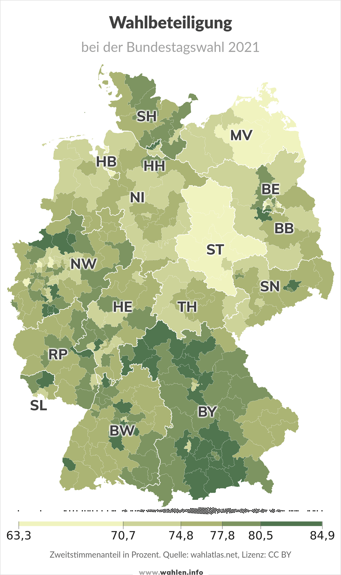 Bundestagswahl 2025 - Wahlbeteiligung bei der Bundestagswahl 2021 (Karte, nach Wahlkreis)