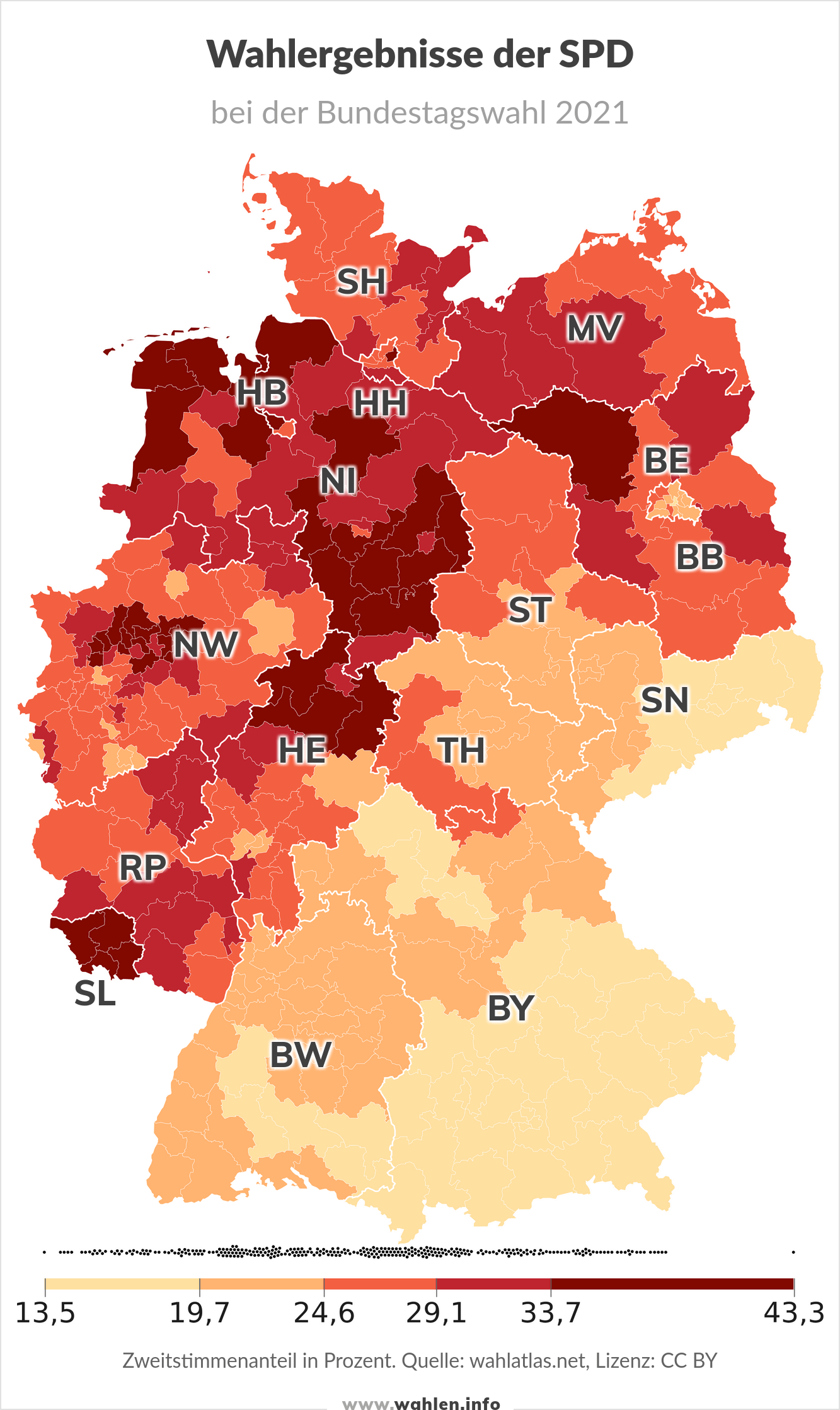 Bundestagswahl 2025 - Wahlergebnisse der SPD bei der letzten Bundestagswahl (Karte)